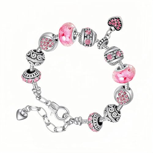 Pink Hearts Silver Plated Charm Bracelet, DIY Jewelry for Women with Beads, Charms, and Adjustable Snake Chain, Fits 7.5"+1.5" - color: Pink, size: 18cm