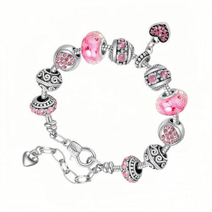 Pink Hearts Silver Plated Charm Bracelet, DIY Jewelry for Women with Beads, Charms, and Adjustable Snake Chain, Fits 7.5"+1.5" - color: Pink, size: 18cm