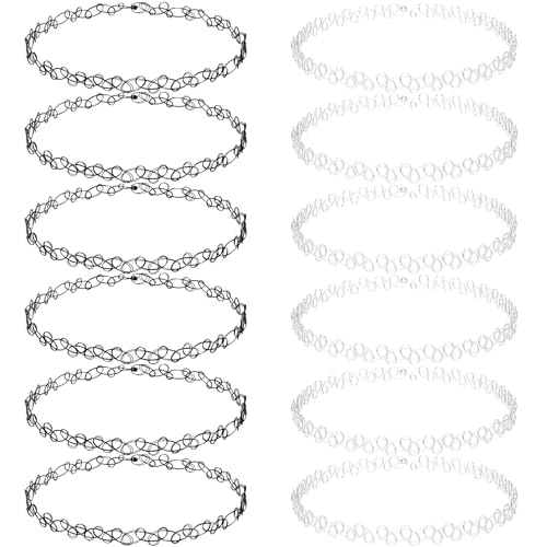 PAGOW Tattoo Choker Set, Stretchy 90s Choker Necklace, Adjustable Retro Y2K Gothic Grunge Chokers Jewelry Accessories - color: Black,Clear,12Pcs