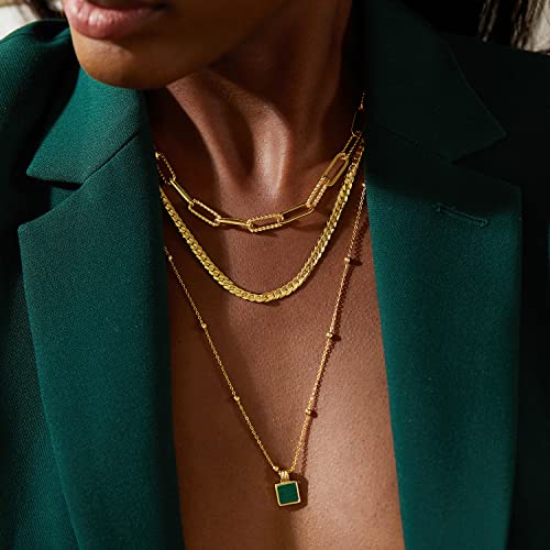 FRUMOS Dainty Layered Choker Necklace 18k gold Plated Y Pendant Commemorative coin Necklace Multilayer Bar Disc Necklace Adjustable Layering Choker Necklaces fashion jewelry for Women Girls - color: Square malachite Pendant
