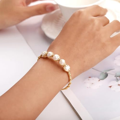 Pearls Bracelets for Women, Natural Freshwater Pearls Bracelets Jewelry Bangle, Lucky Jewelry for Mom Lover Her Diameter 1.96 ins Adjustable (14K Gold Plated)