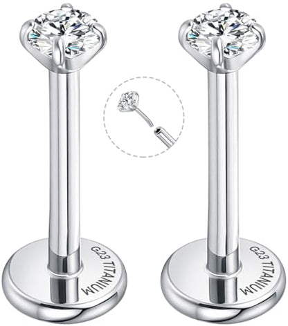 Threadless Flat Back Earrings for Tragus, Helix, Conch, Daith, Cartilage Piercings - G23 Titanium Flatback Stud Earrings with Grade AAAAA Cubic Zirconia - Threadless Flat Back Nose Stud Push Pin Ring Earring Studs (18g, 16g, 20g - 6mm, 8mm) - color: Silve
