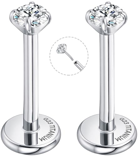 Threadless Flat Back Earrings for Tragus, Helix, Conch, Daith, Cartilage Piercings - G23 Titanium Flatback Stud Earrings with Grade AAAAA Cubic Zirconia - Threadless Flat Back Nose Stud Push Pin Ring Earring Studs (18g, 16g, 20g - 6mm, 8mm) - color: Silve