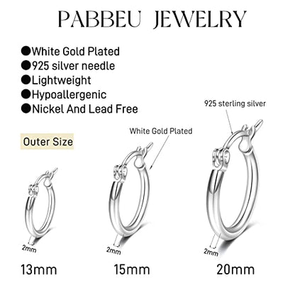 PABBEU 925 Sterling Silver Small Hoop Earrings Set for Women Hypoallergenic | 3Pairs Cubic Zirconia Small Huggie Hoop Earrings Set 13/15/20mm,Nickel-Free Lightweight Comfortable Sleeper Earrings Gift Set - color: 13/15/20mm T Silver