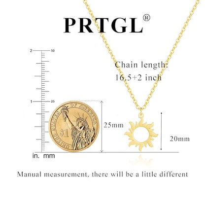 Dainty Gold Necklace: 14k Gold Plated Dianty Boots Bow Sun Moon Horse Evil Eye Conch Seahorse Necklace for Women 16.5"+2" - color: Sun