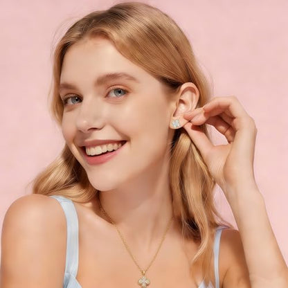 Clover Necklace and Stud Earrings Jewelry Set 14K Gold Plated Dainty Four Leaf Lucky Choker Charm Necklace Clover S925 Sterling Silver Stud with Gift Box Birthday Gifts for Women ﻿ - color: Gold
