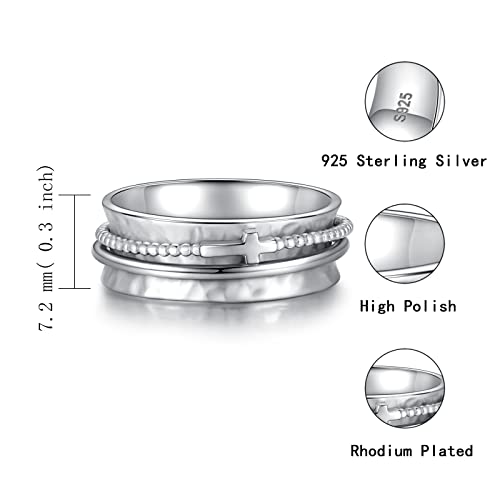 Sariel Cross Fidget Ring for Women - 925 Sterling Silver Spinner Rings Spinning Band Rings Wide Hammered - color: Silver