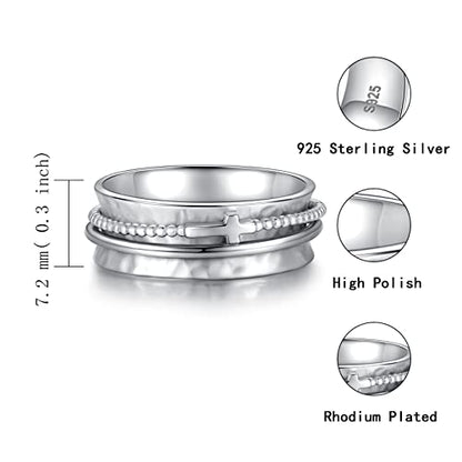 Sariel Cross Fidget Ring for Women - 925 Sterling Silver Spinner Rings Spinning Band Rings Wide Hammered - color: Silver
