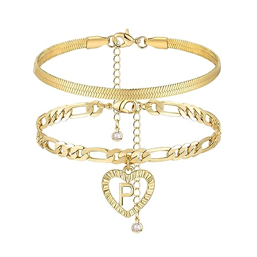 YANODA Gold Ankle Bracelets for Women Waterproof, 14k Gold Plated Layered Snake Anklets Figaro Chain Letter Initial Anklets Handmade Heart Ankle Bracelets Personalized for Women Beach Jewelry Gifts - color: P