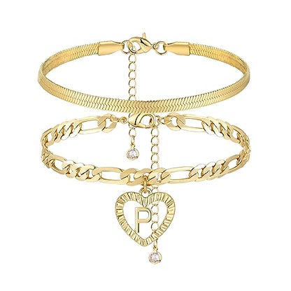 YANODA Gold Ankle Bracelets for Women Waterproof, 14k Gold Plated Layered Snake Anklets Figaro Chain Letter Initial Anklets Handmade Heart Ankle Bracelets Personalized for Women Beach Jewelry Gifts - color: P