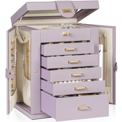 AKOZLIN 6-Tier Jewelry Box Organizer Functional 5 Drawers Leather Jewelry Storage Case for Women Girls Ring Necklace Earring Bracelet Holder Organizer with Mirror Purple 360° Rotating - color: Purple, size: S-Medium