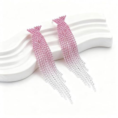 Rhinestone Earrings Prom Earrings for Women Sparkly Long Tassel Chandelier Drop Statement Earring Jewerly Gifts Wedding Party Prom Dresses Accessories - color: B6:pink&silver