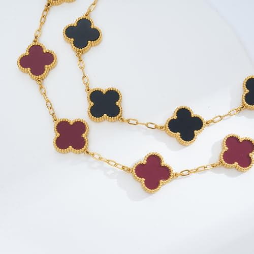 Waterproof Four-Leaf Clover Bracelet,Adjustable Link Double Sided Jewelry, Lovely Fashion Jewelry Gift for Women - color: Black Bracelet + Red Bracelet