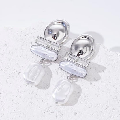 Statement Pearl Dangle Earrings,large Pearls Vacation Earrings with Crystal,Party Jewelry Gift for Women - color: Silver tone