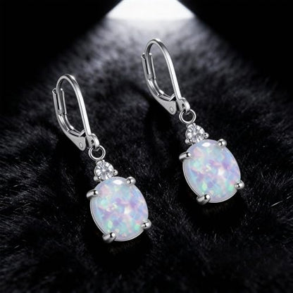 Dainty Opal Earrings for Women Sterling Silver Pear Oval Blue Opal Dangle Earrings Leverback Earrings Gold - color: leverback-white opal