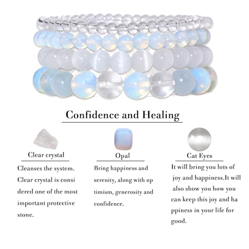 Vinswet 4pcs Beaded Bracelets for Women,Natural Healing Crystal Gemstones Bracelet,Anxiety Stress Relief Bracelet Handmade purple Jewelry Gifts for Women - color: Clear crystal&Opal&Cat Eyes