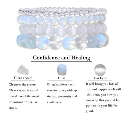Vinswet 4pcs Beaded Bracelets for Women,Natural Healing Crystal Gemstones Bracelet,Anxiety Stress Relief Bracelet Handmade purple Jewelry Gifts for Women - color: Clear crystal&Opal&Cat Eyes