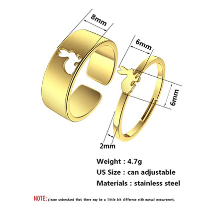 2PCS Matching Cute Animals Promise Engagement Rings for Couples Men Women Jewelry Band Sets 316L Stainless Steel Adjustable Open Ring - color: Rabbit-s