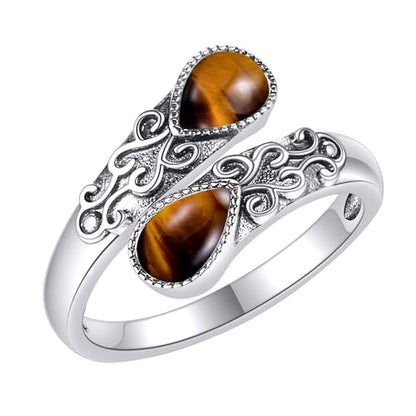 Ring for Women Sterling Silver Adjustable Band Open Rings Jewelry Gifts for Girls - style: Tiger Eye