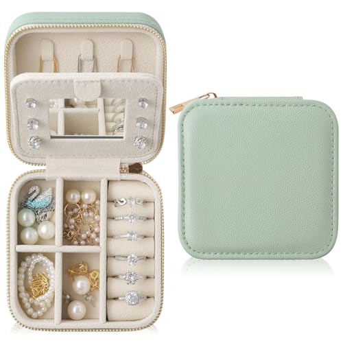 Genuine Leather Travel Jewelry Organizer Case with Mirror for Women, Small Mini Portable Jewelry Box for Earring, Ring, Necklace, Bracelet（Mint Green） - color: Caviar Grain Leather Mint Green