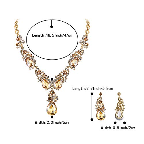 Women's Wedding Bridal Crystal Multi Teardrop Cluster Statement Necklace Dangle Earrings Set - color: 02-Champagne Gold-Tone