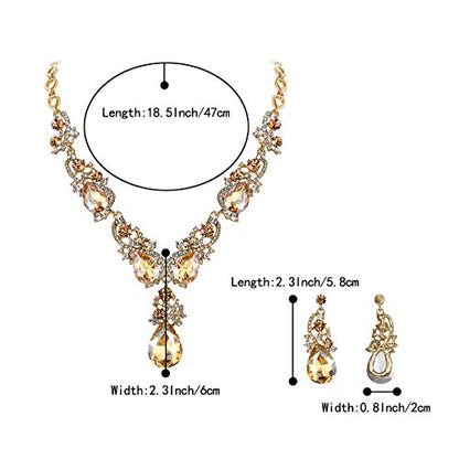 Women's Wedding Bridal Crystal Multi Teardrop Cluster Statement Necklace Dangle Earrings Set - color: 02-Champagne Gold-Tone