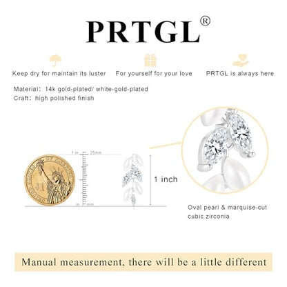 Pearl Earrings - 14K Gold/White Gold/Rose Gold Plated Cubic Zirconia CZ Diaomond Accented Pearl Drop Dangle Earrings for Women Wedding Bridal Prom - color: Silver leaf design