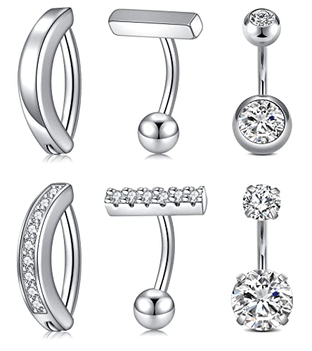 QWALIT Belly Rings - Short Bar Belly Button Rings in Surgical Steel with Opal Stones - 6mm & 10mm - color: A11-Silver- short 6mm -6pcs