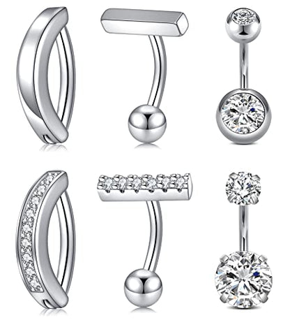QWALIT Belly Rings - Short Bar Belly Button Rings in Surgical Steel with Opal Stones - 6mm & 10mm - color: A11-Silver- short 6mm -6pcs