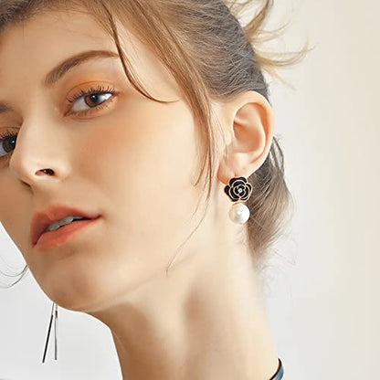 Fashion Design Faux Pearl Charm Flower Dangle Drop Earrings Studs For Women - color: Black