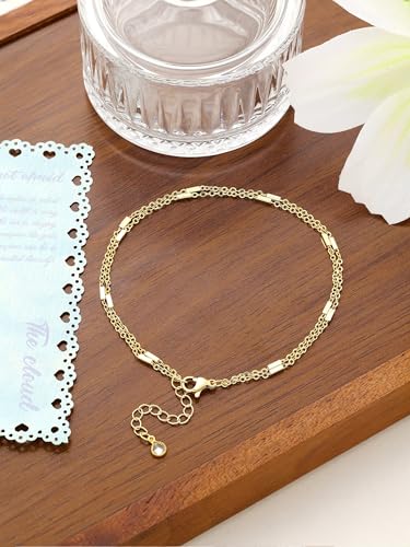 Dainty Anklets for Women, 14K Gold Plated & Sterling Silver Plated Ankle Bracelets, Adjustable, Waterproof & Hypoallergenic Summer Beach Foot Jewelry in Assorted Styles - style: 2 anklet barlink gold