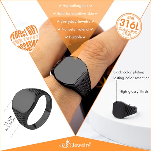 555Jewelry Stainless Steel Solid Plain High Polish Round Signet Ring for Men - color: Square Black