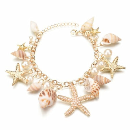Spiritrain Handmade Starfish Seashell Pearl Bracelets for Women Gold Plated Bohemian Charm Sea Shell Couch Beads Adjustable Chain Anklet Bracelets Hawaiian Beach Holiday Mermaid Costume Jewelry Gifts - color: Gold