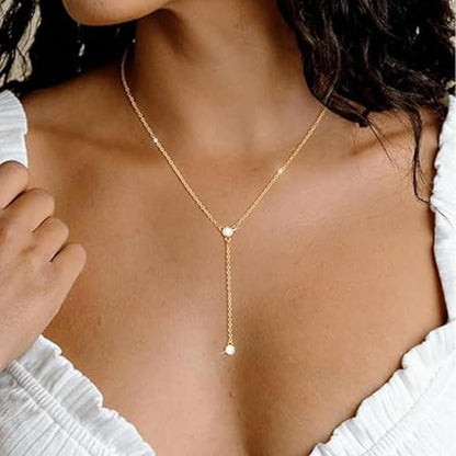 HERIER Lariat Gold Necklace for Women, Dainty Long Necklace 14k Gold Plated/Silver Y-Shaped Layered Beaded Chain Drop Necklaces for Women Trendy Simple Gold Jewelry for Women Gifts - color: Y-CZ-Gold