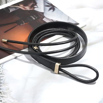 Women's Knotted Thin Waist Belt PU Leather Skinny Belts for Dresses Pants - color: Black