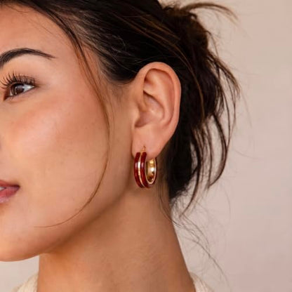 Dr's gift Chunky Leopard Print Earrings for Women 14K Gold Plated Statement Huggie Hoop Earrings Brown Acrylic Tortoise Resin Cheetah Trendy Jewelry - color: red