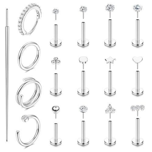 ORAZIO 14K Gold Filled Nose Rings Studs Hoops for Women Men 20G 18G Hypoallergenic Surgical Steel Push in Threadless Flat Back Earrings CZ Helix Tragus Lip Cartilage Medusa Nostril Piercing Jewelry - color: Silver Tone, size: 16g=1.2mm