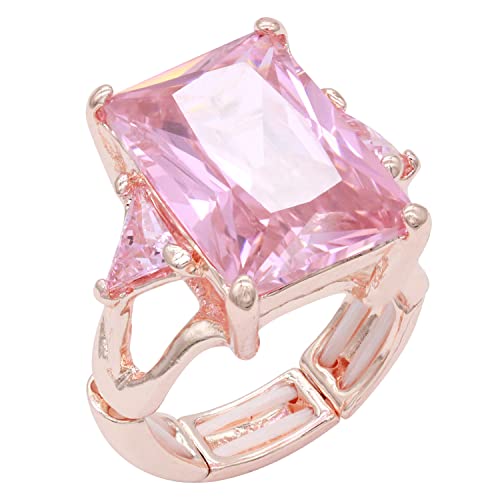 Lavencious Big Bold Radiant CZ Stones Stretch Rings for Women Size for 7-9 - color: Rose Gold Pink
