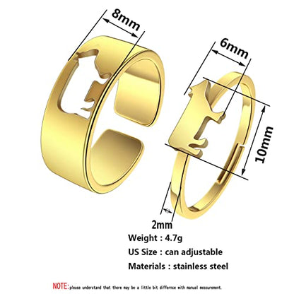 2PCS Matching Cute Animals Promise Engagement Rings for Couples Men Women Jewelry Band Sets 316L Stainless Steel Adjustable Open Ring - color: Cow-g