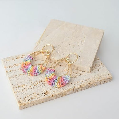 Raffia Hoop Earrings for Women Fun Boho Summer Beach Earrings Lightweight Handmade Straw Wicker Rattan Dangle Earrings Statement Geometric Round Drop Earrings - color: Colorful - Teardrop