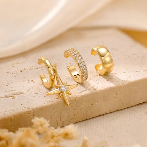 14K Gold Plated Layered Chunky Ear Cuff for Women Thick Ear Clips | Ear Cuff Earrings for Women,Hammered Texture design，Lightweight Hypoallergenic Ear Clips，trendy Jewelry for Daily Party Prom - color: gold 5