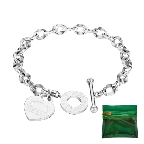 Charm Bracelet for Women 18k Gold/Silver/Rose Gold Plated Love Heart Elegant OT Clasp Stainless Steel Green Bag Packaging Jewelry Gift Birthday - color: Silver, size: 7 inch