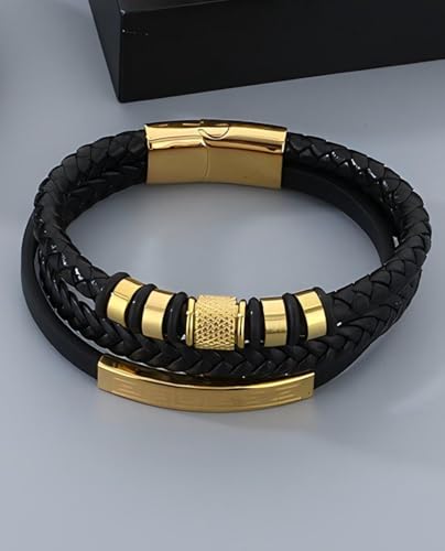 Italian Handmade Leather Bracelets for Men - color: Golden, size: 8.2"