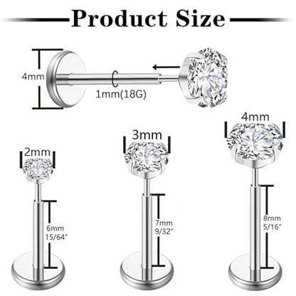 Gotumo 20G Flat Back Earrings Stud G23 Titanium Threadless Tragus Labret Cartilage Lip Medusa Conch Body Piercing Jewelry Hypoallergenic for Women Men - color: Silver 18G Bar-6/7/8mm&CZ-2/3/4mm