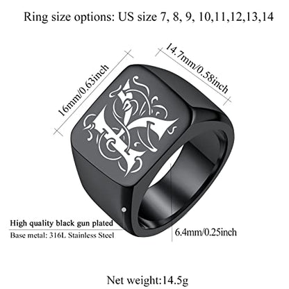 FindChic Customized Signet Photo Rings Square/Heart/Round Chunky Band Ring Stainless Steel/18K Gold Plated/Black Size 7 to 14 Personalized Jewelry for Men Women, Send Gift Box - color: 01. personalized monogram square (black)