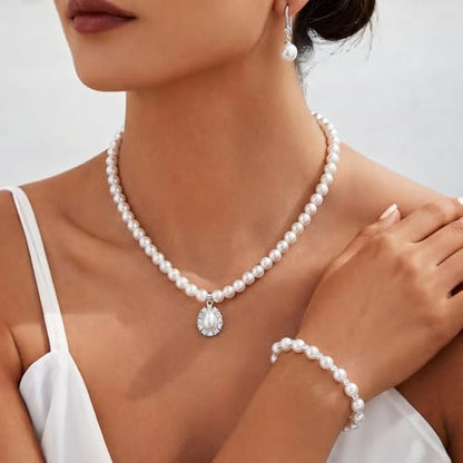 Glenmal Pearl Rhinestone Jewelry Set for Women Pearl Necklace Bracelet Earrings for Wedding Halloween Bridal Shower Tea Party - style: Refined Style