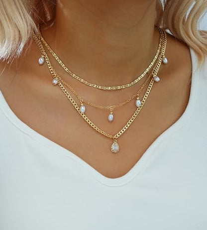 YEEZII Layered Gold Necklaces for Women Trendy, 3 Pcs 14K Gold Plated Choker Paperclip Box Chain Necklace, Stackable Women's Gold Pendant Necklaces Jewelry Set - color: Gold-3 Pcs-Pearl