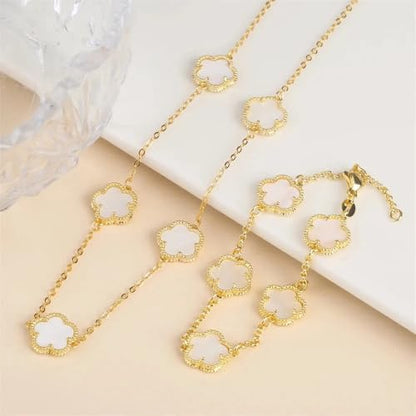 14K Gold-Filled Clover Necklace For Women - Classic Five-Leaf Flower Set Bracelet Necklace Earrings Jewelry Set, Five Leaf Clover Necklaces Dainty Lucky Clover Jewelry - color: White - Clover Necklace