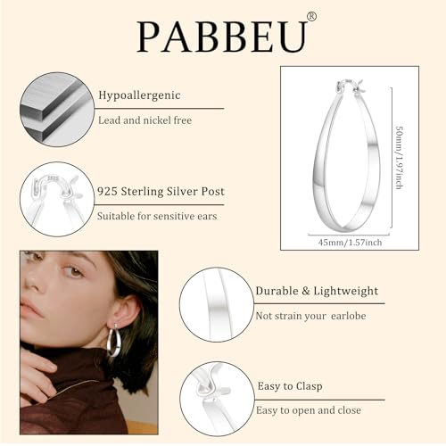 PABBEU Sterling Silver Hoop Earrings for Women, Lightweight Large Oval Hoops Earrings, Hypoallergenic Silver Hoop Earring for Women Gifts 30/40/50/60MM - color: silver 40*50mm/ 1.57*1.96in