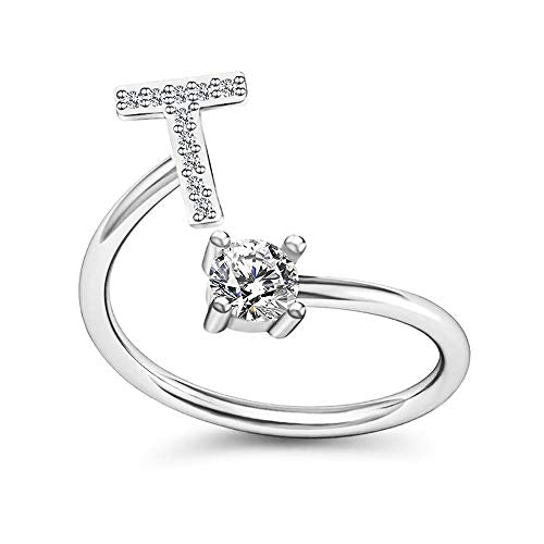 FUTIMELY Initial Letter Ring Alphabet Ring A-Z Silver Crystal Open Adjustable Personalized Initial Ring for Women - style: T